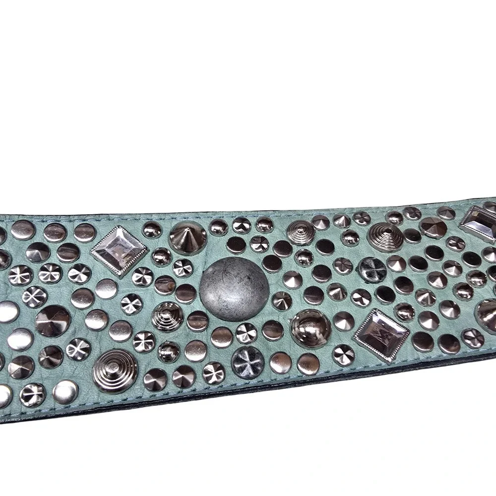 Chad Calvin Designs Teal Leather‎ Studded Belt Western Boho Cowgirl Silver 26